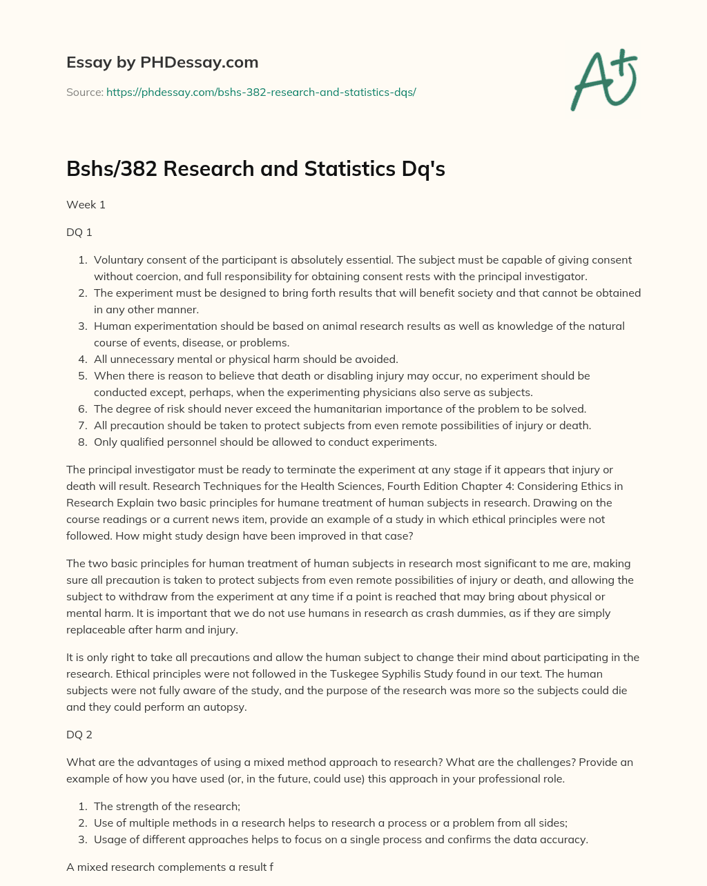 Bshs/382 Research and Statistics Dq’s essay