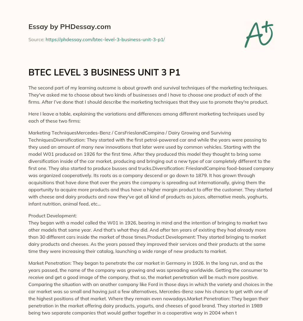 BTEC LEVEL 3 BUSINESS UNIT 3 P1 essay