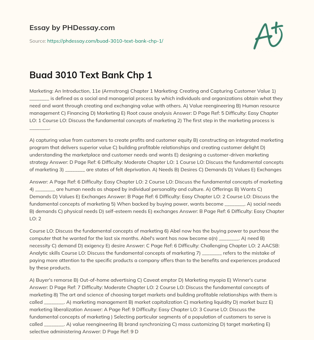 Buad 3010 Text Bank Chp 1 essay