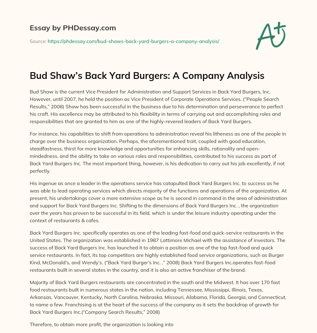 Bud Shaw’s Back Yard Burgers: A Company Analysis essay