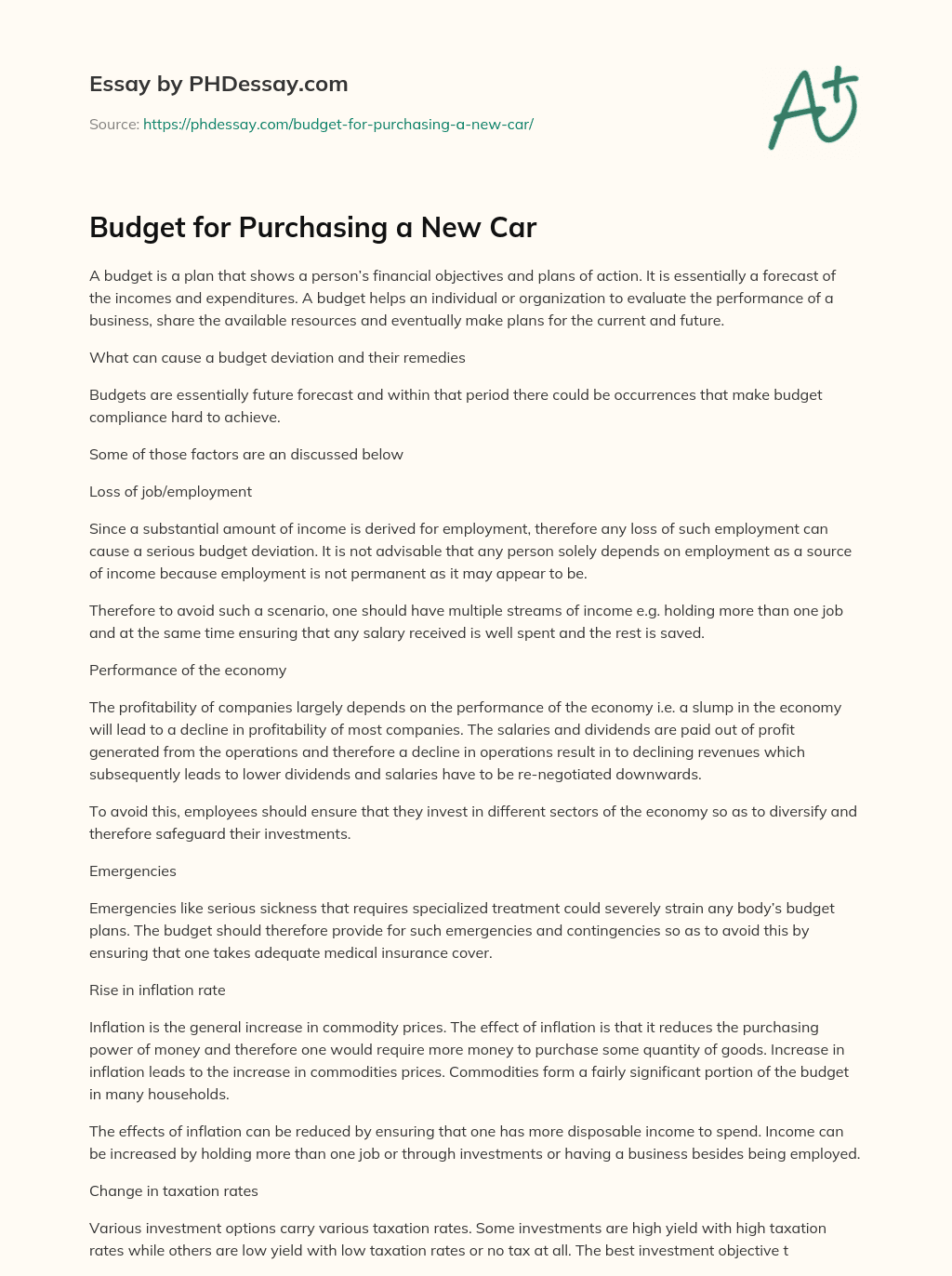 Budget for Purchasing a New Car essay