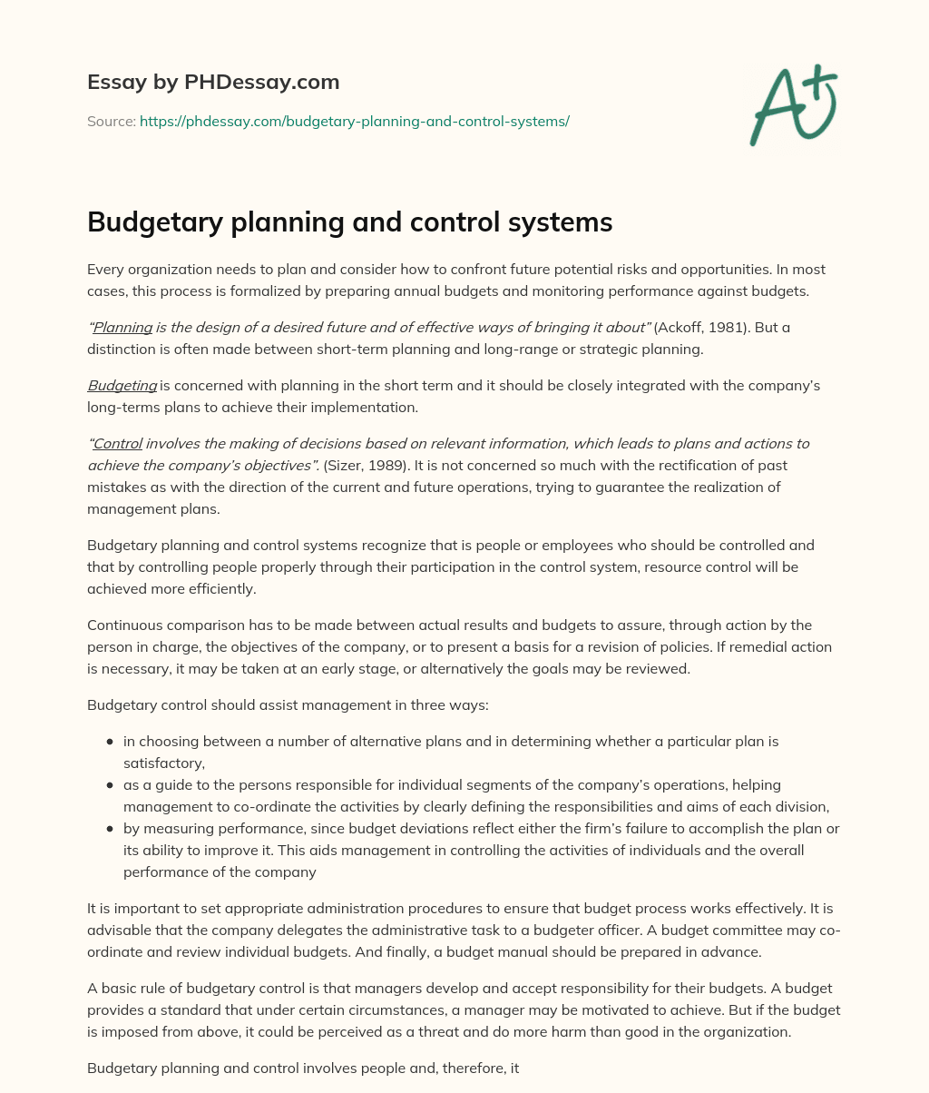 Budgetary planning and control systems essay
