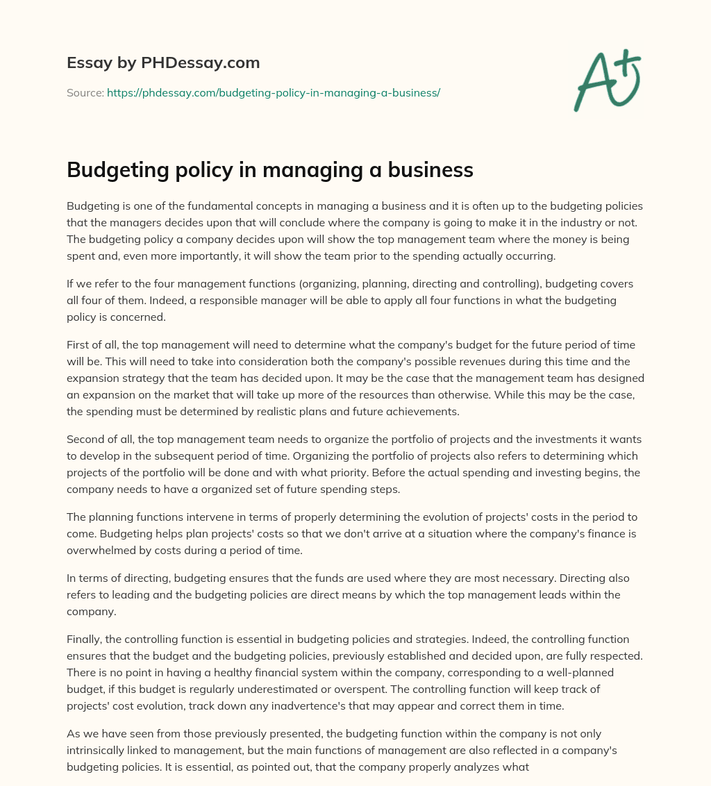 Budgeting policy in managing a business essay