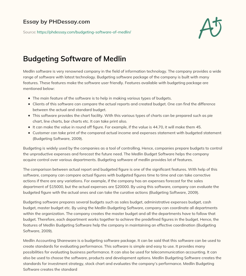 Budgeting Software of Medlin essay