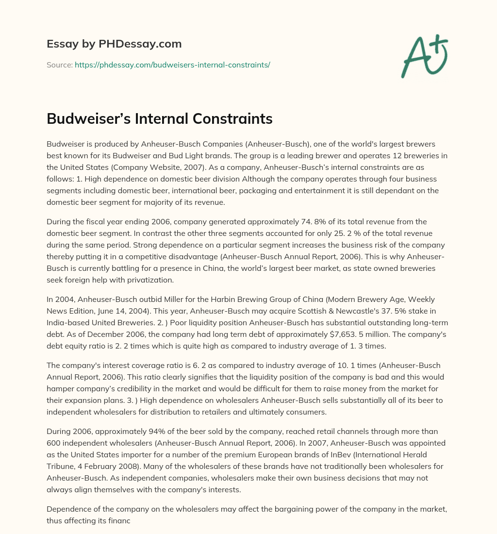 Budweiser’s Internal Constraints essay