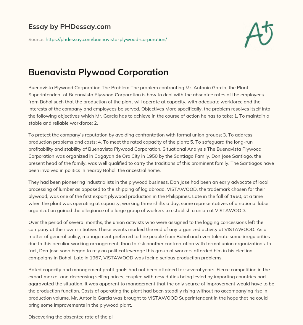 Buenavista Plywood Corporation essay