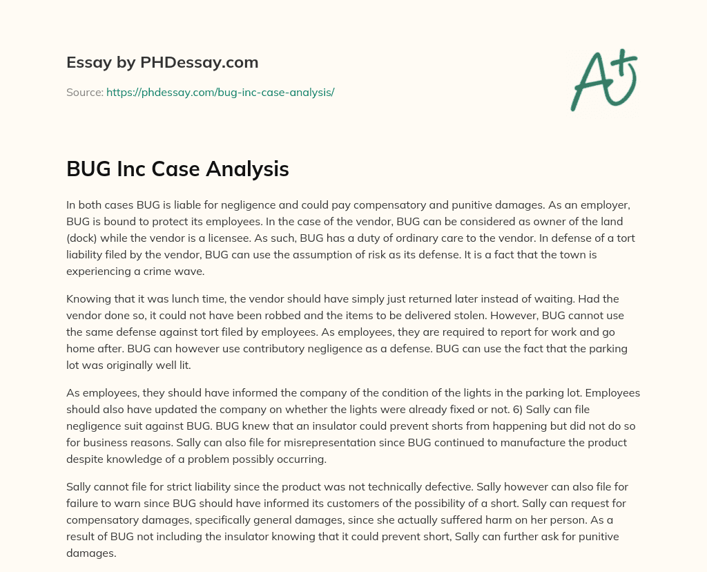 BUG Inc Case Analysis essay