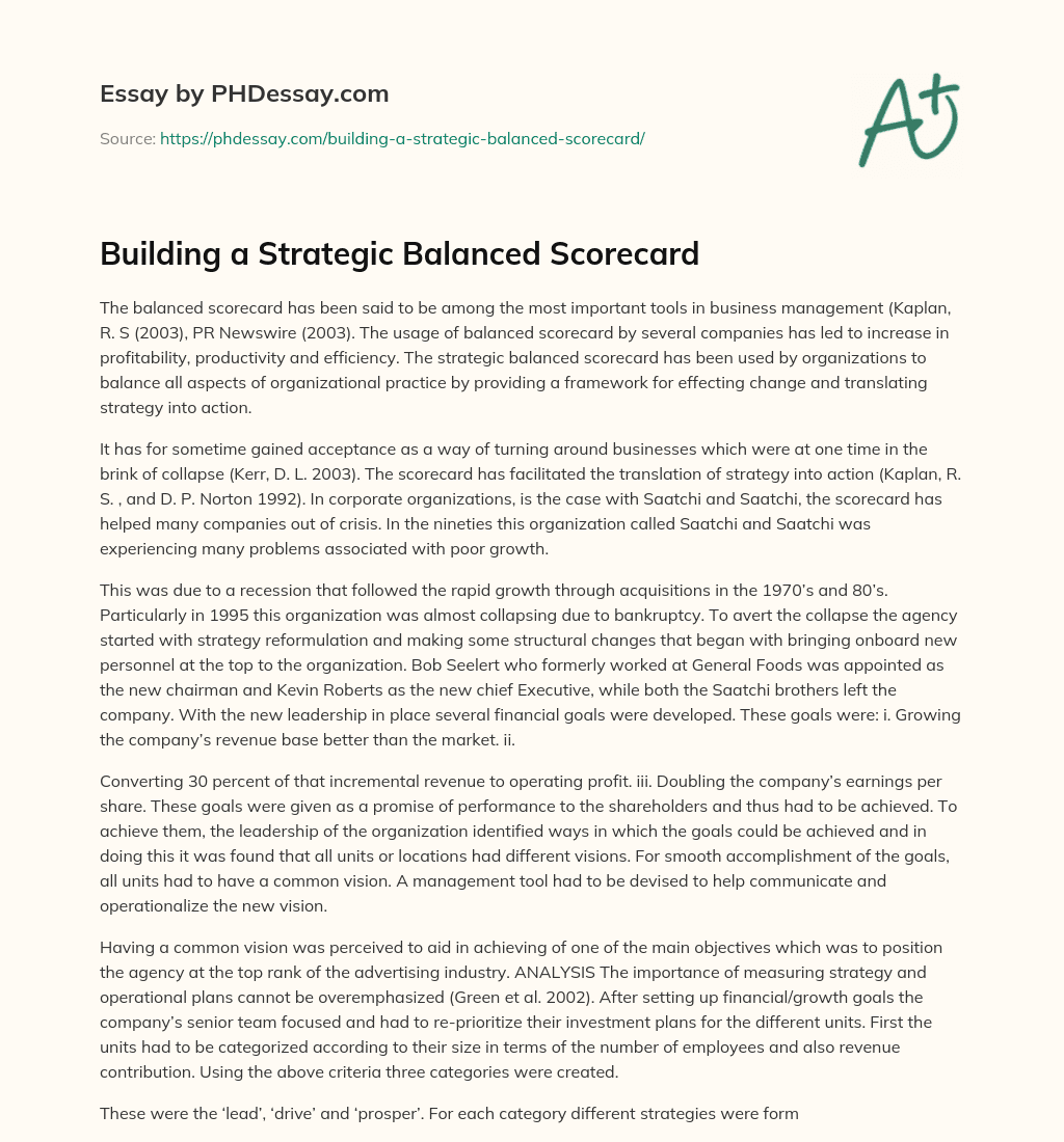 Building a Strategic Balanced Scorecard essay