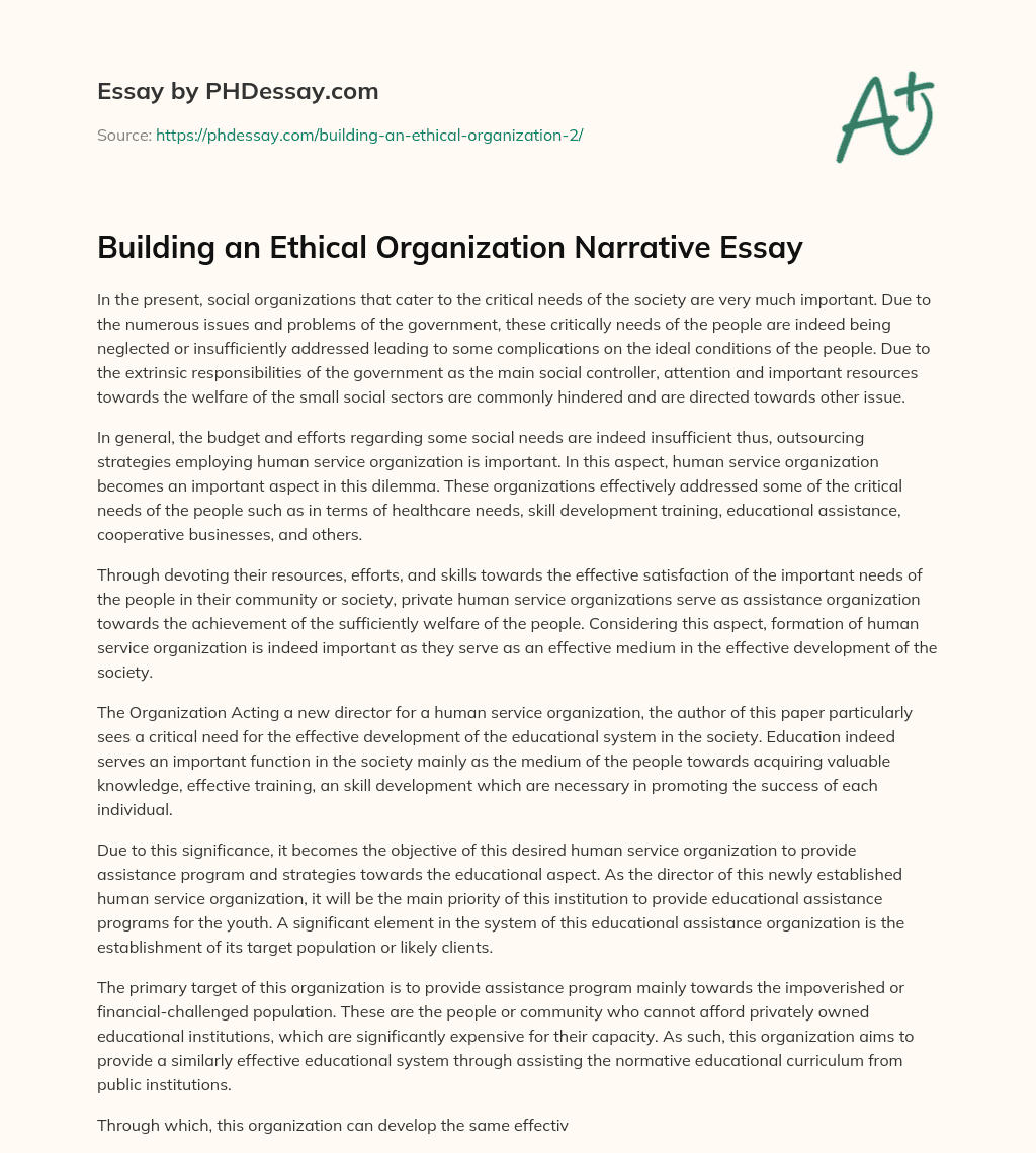 Building an Ethical Organization Narrative Essay essay