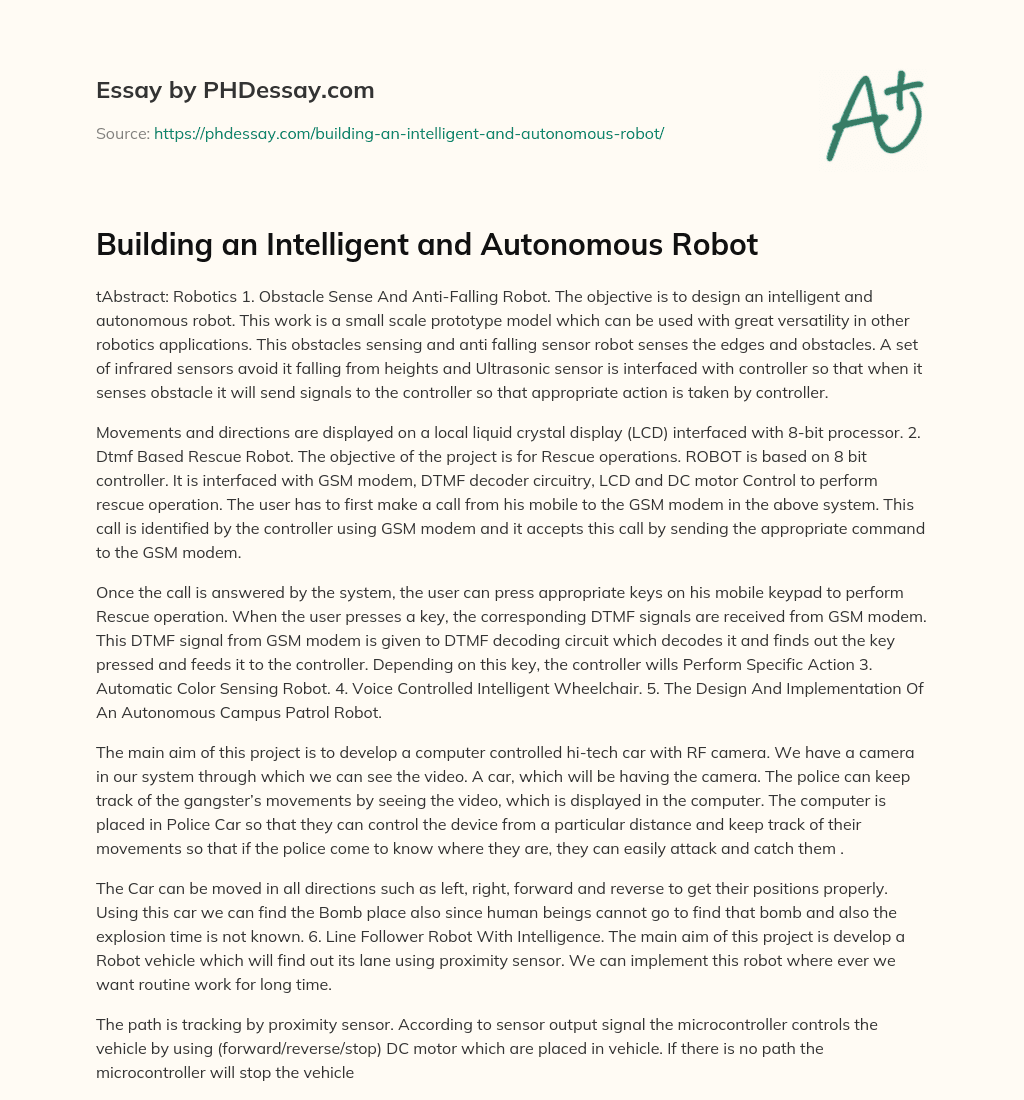 Building an Intelligent and Autonomous Robot essay