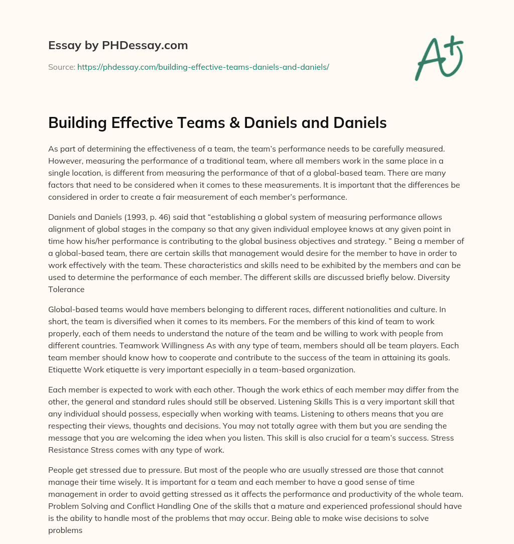 Building Effective Teams & Daniels and Daniels essay