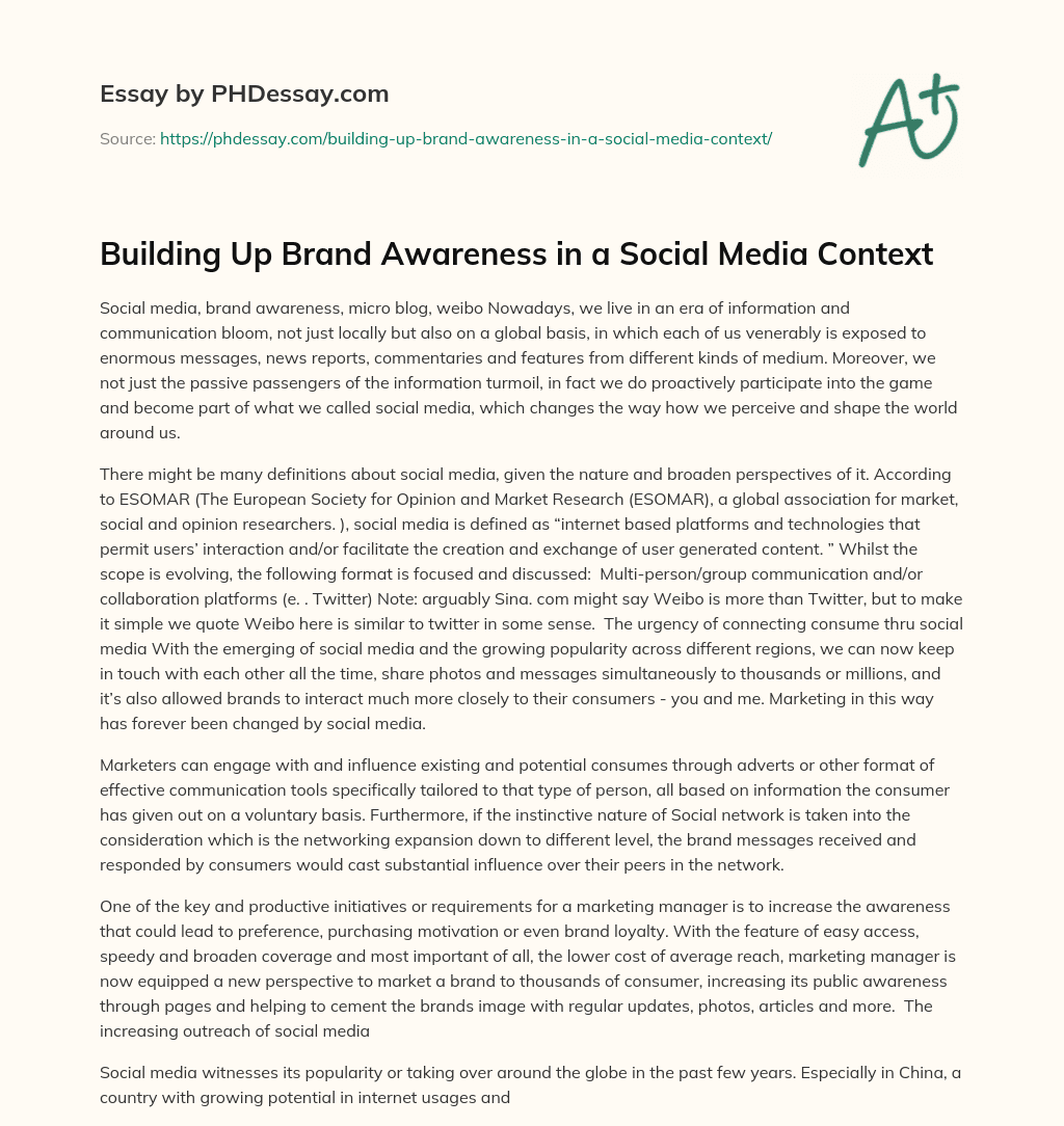 Building Up Brand Awareness in a Social Media Context essay