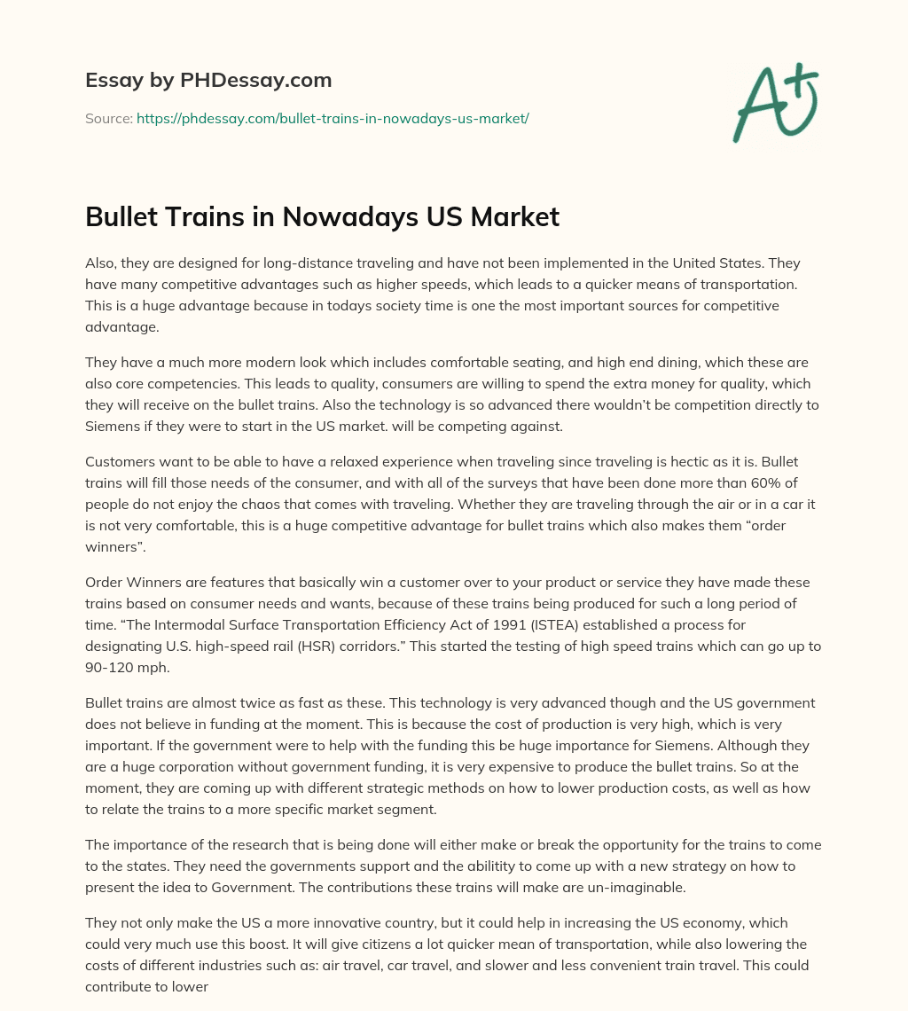 Bullet Trains in Nowadays US Market essay