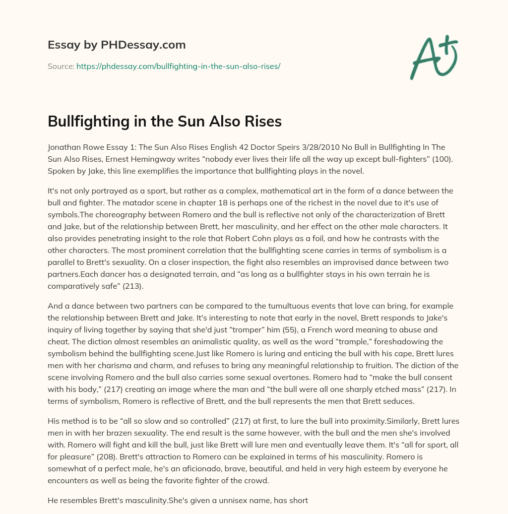 Bullfighting in the Sun Also Rises essay