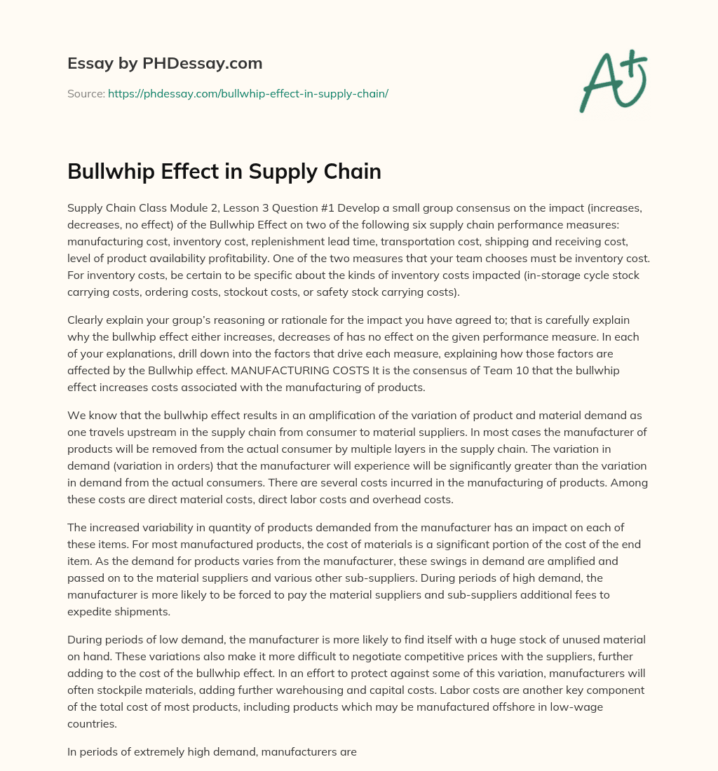 Bullwhip Effect in Supply Chain essay