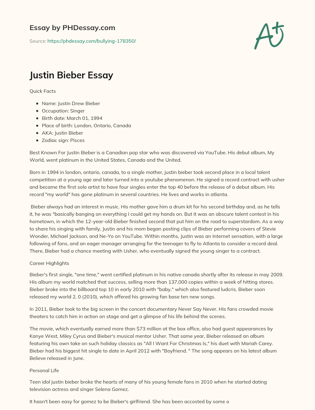 Justin Bieber Essay essay