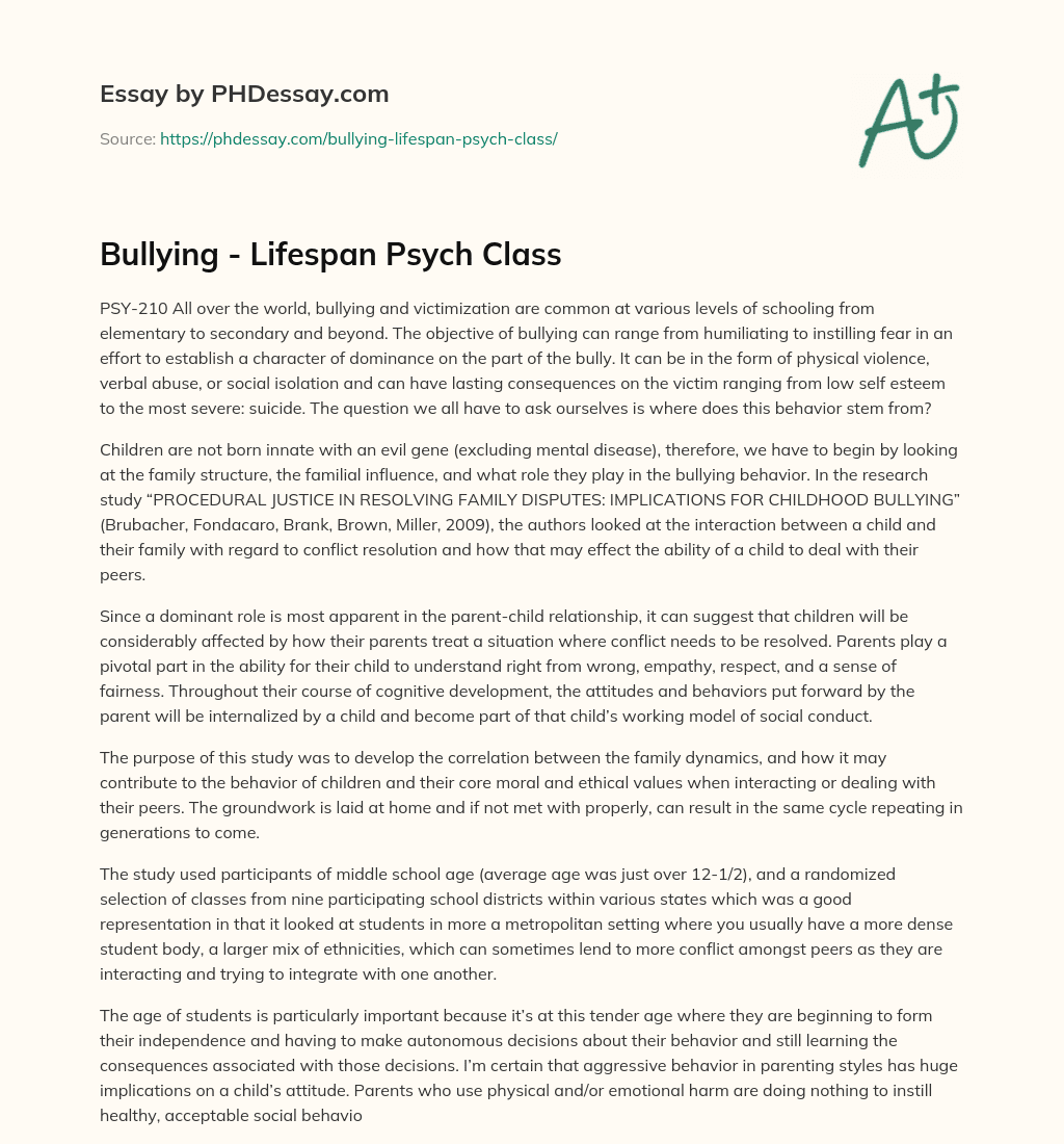 Bullying – Lifespan Psych Class essay