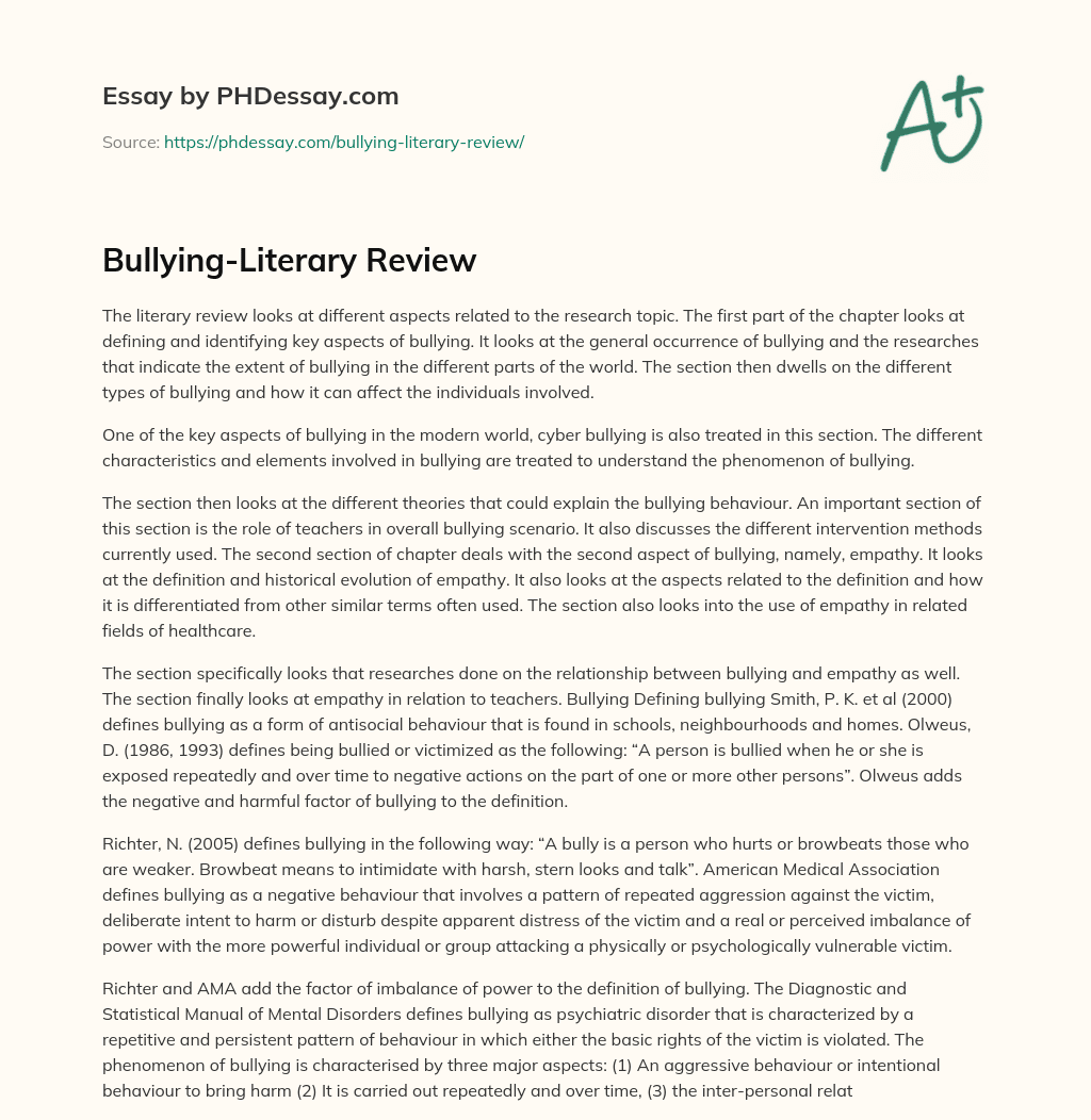 literature review of bullying at schools