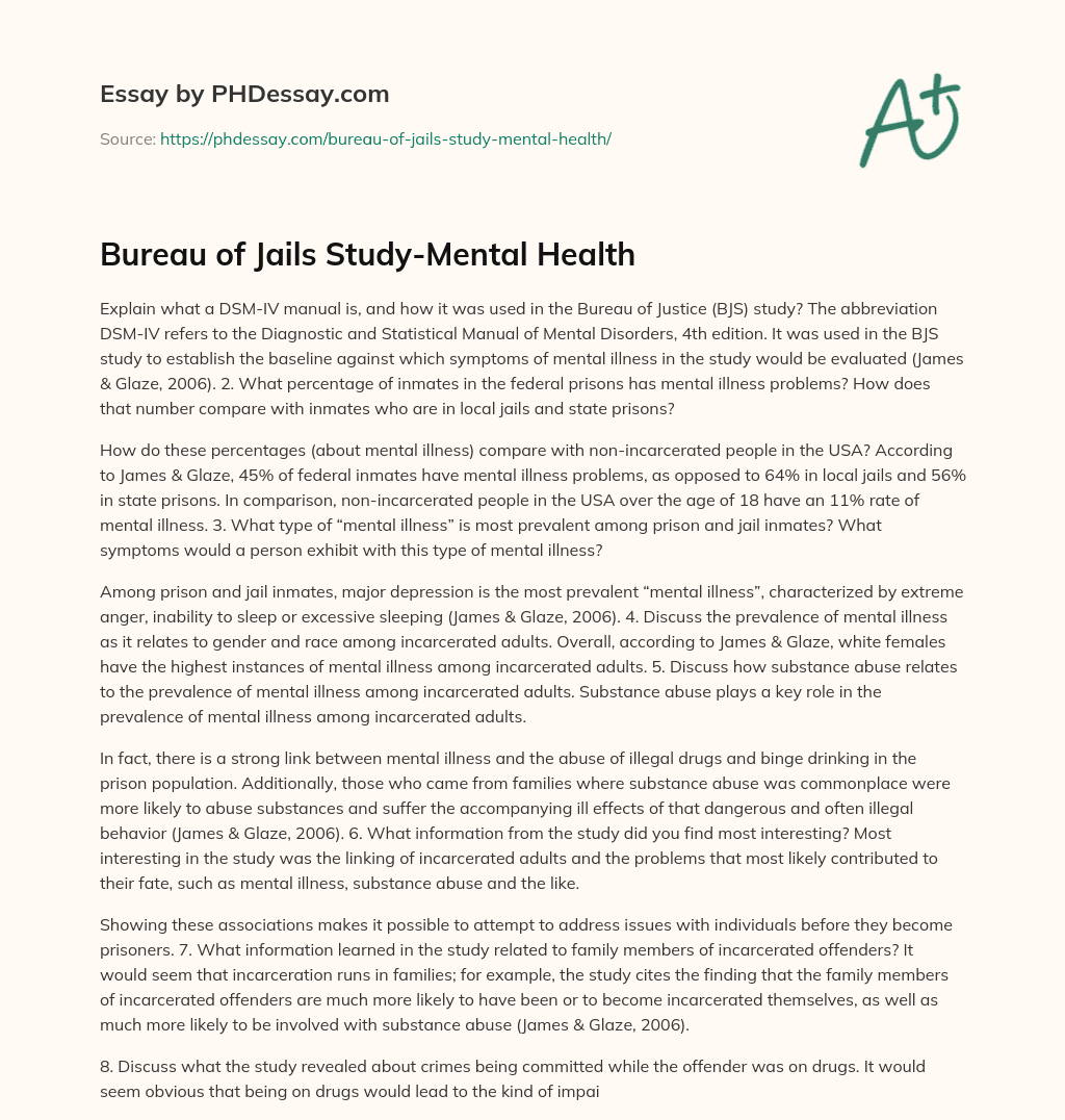 Bureau of Jails Study-Mental Health essay