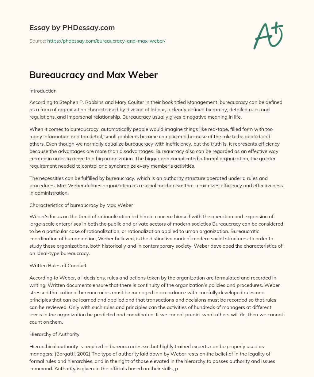 Bureaucracy and Max Weber essay