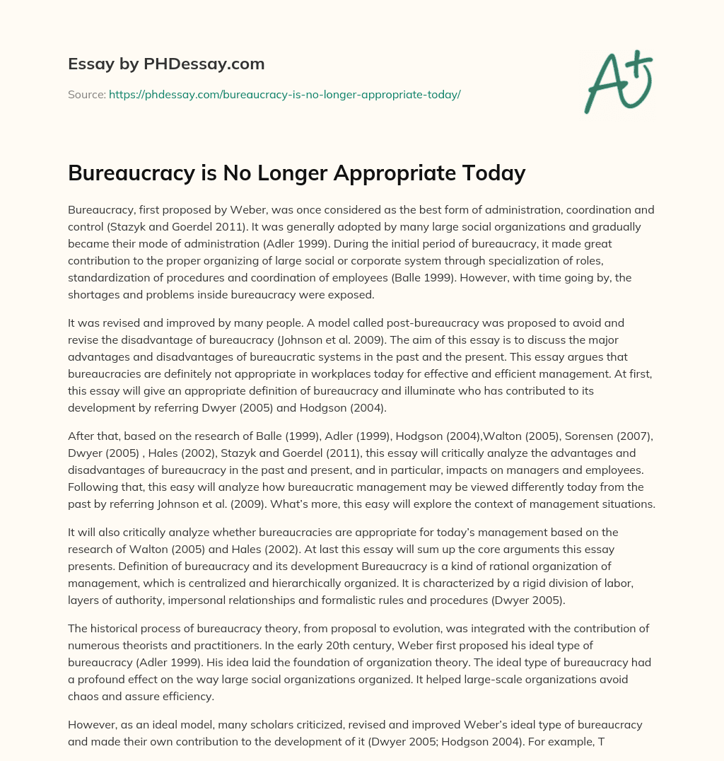 Bureaucracy is No Longer Appropriate Today essay