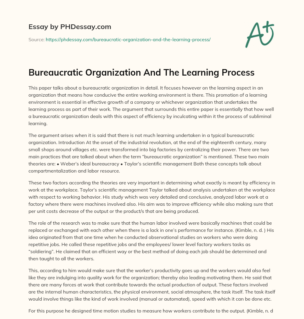 Bureaucratic Organization And The Learning Process essay