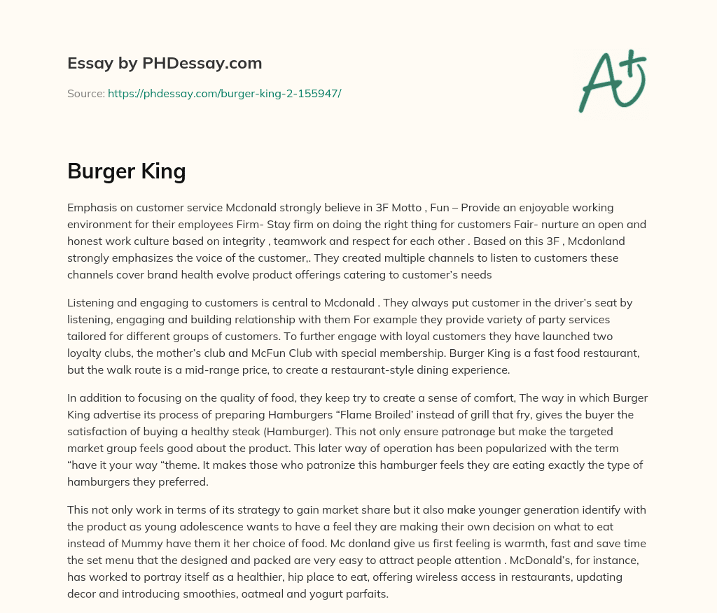McDonald’s Emphasis on Customer Service and 3F Motto essay