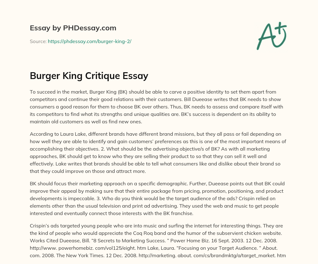Burger King Critique Essay essay