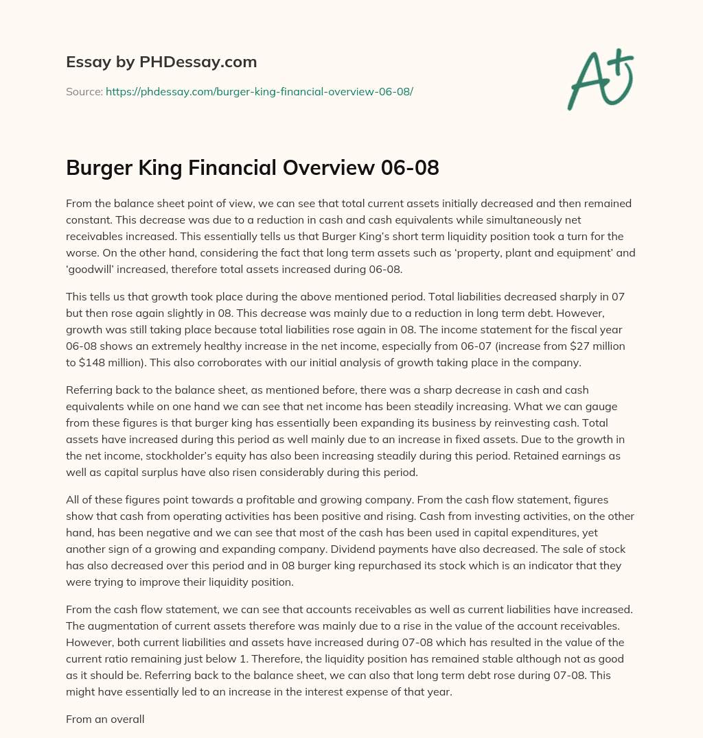 Burger King Financial Overview 06-08 essay
