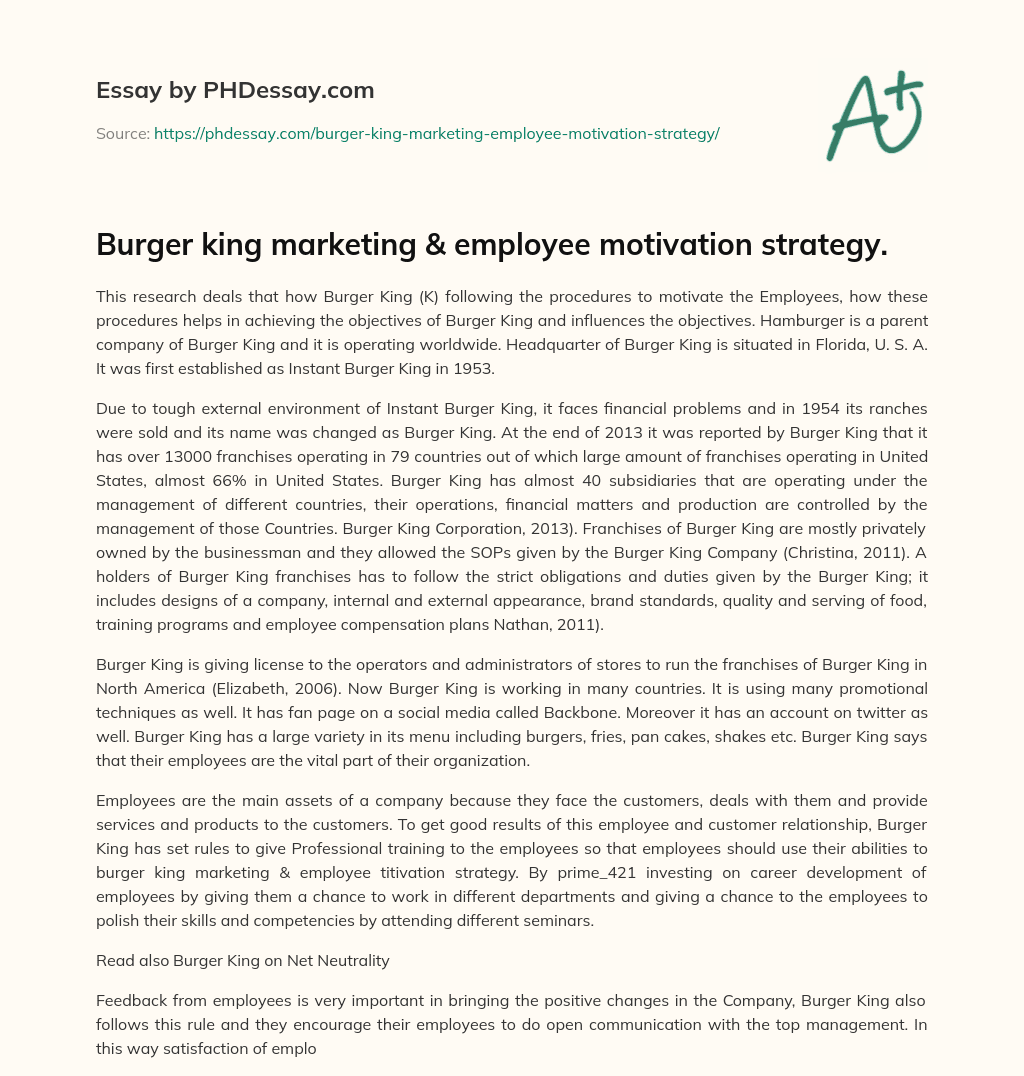 Burger king marketing & employee motivation strategy. essay