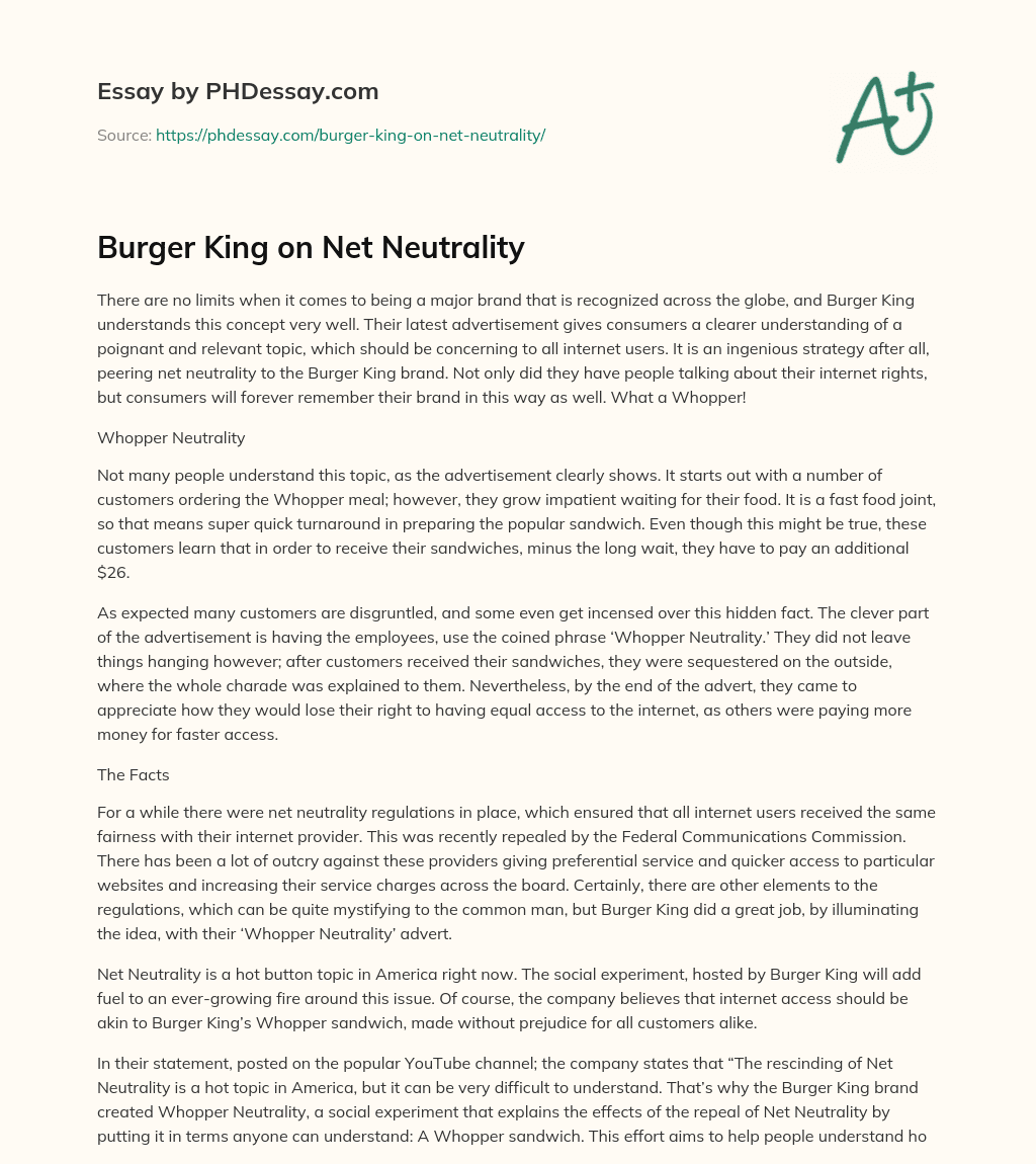 Burger King on Net Neutrality essay