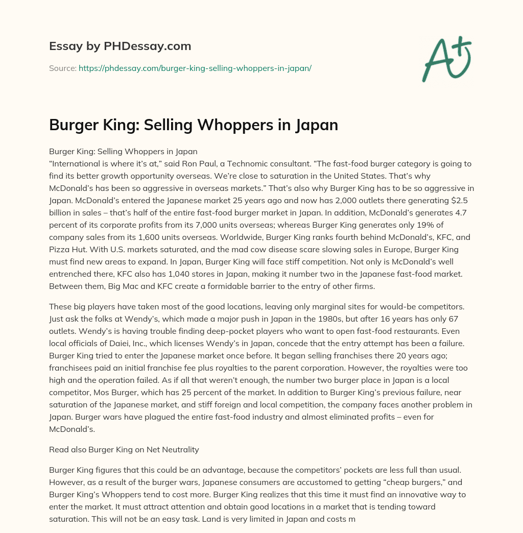 Burger King: Selling Whoppers in Japan essay