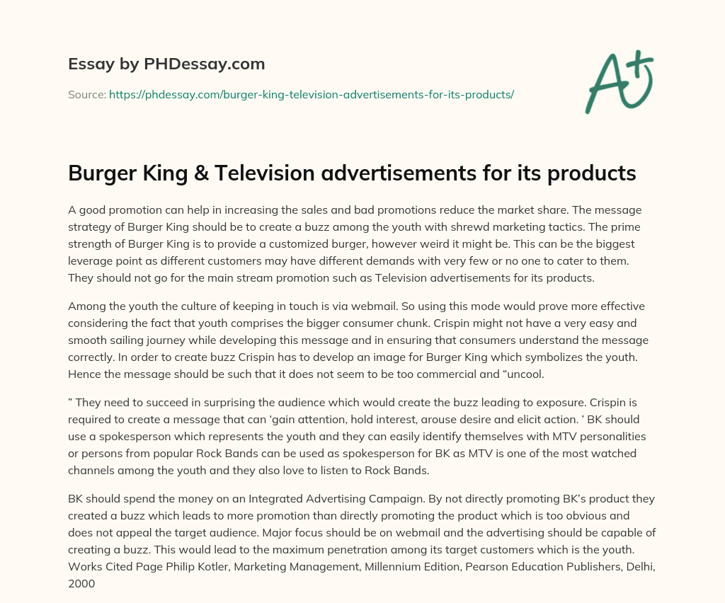 Burger King & Television advertisements for its products essay