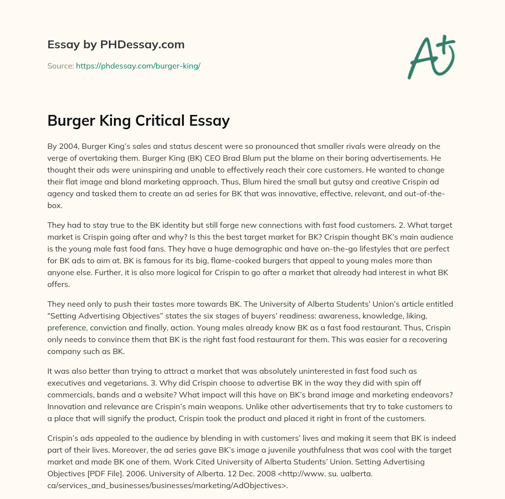 Burger King Critical Essay essay