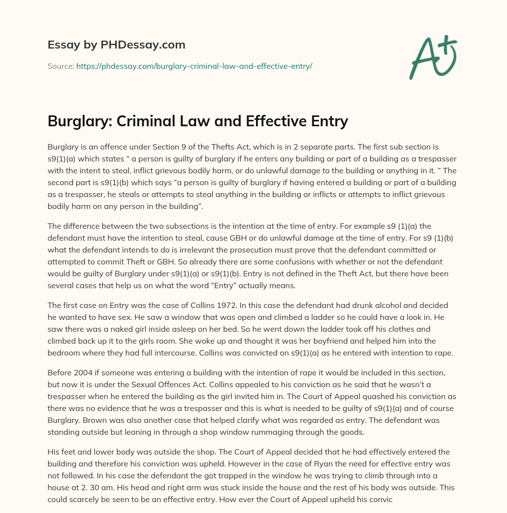 Burglary: Criminal Law and Effective Entry essay