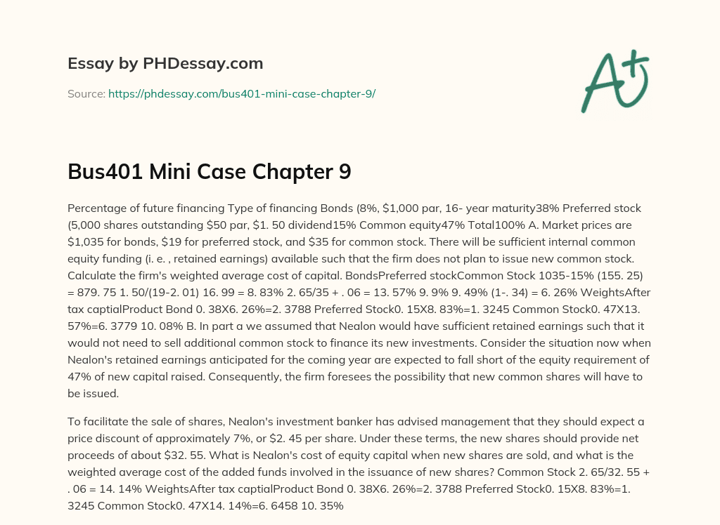 Bus401 Mini Case Chapter 9 essay