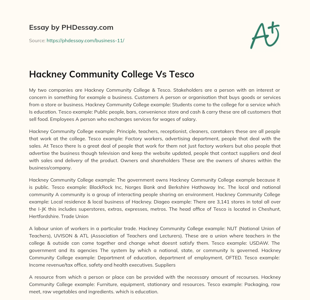 Hackney Community College Vs Tesco essay