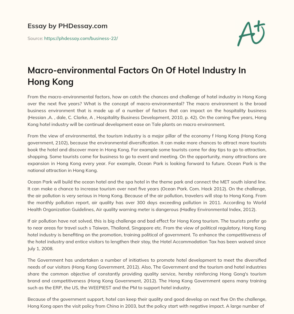 Macro-environmental Factors On Of Hotel Industry In Hong Kong essay