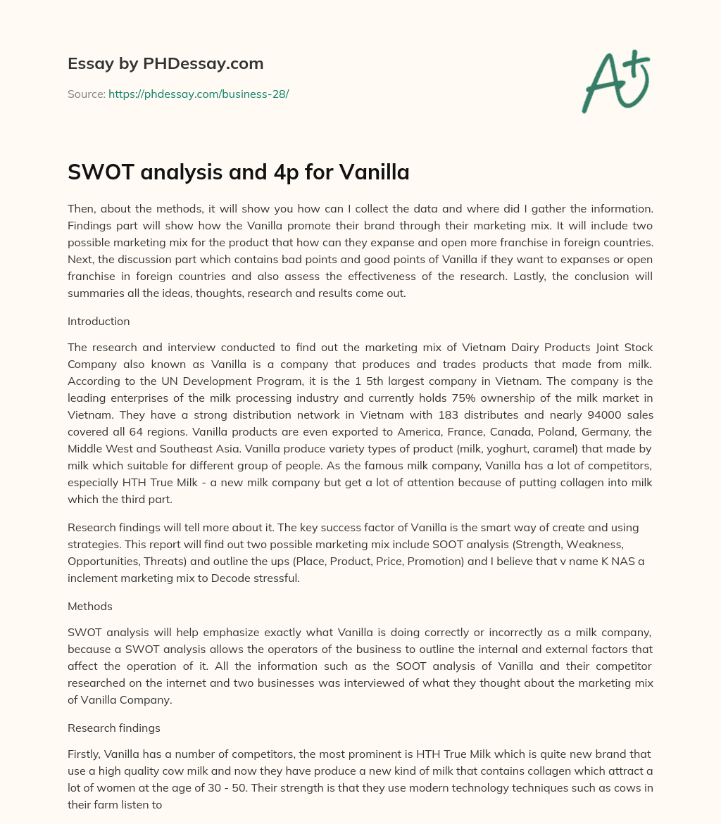 SWOT analysis and 4p for Vanilla essay