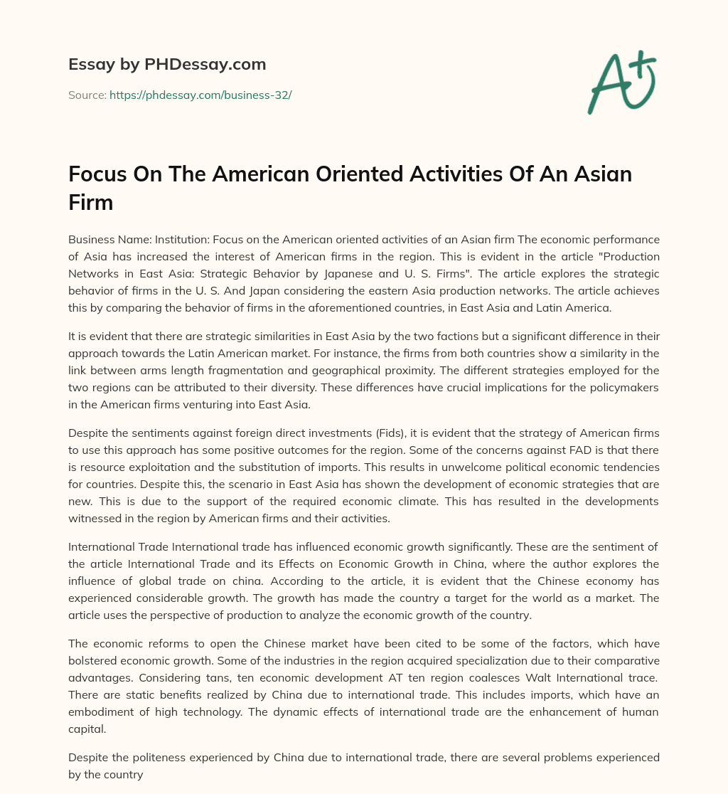 Focus On The American Oriented Activities Of An Asian Firm essay
