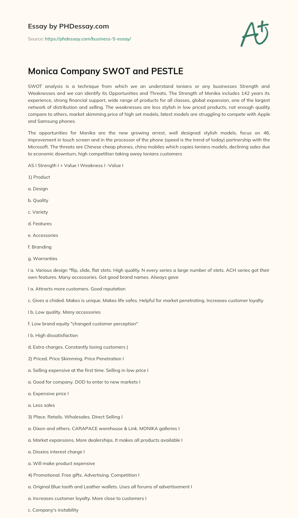 Monica Company SWOT and PESTLE essay
