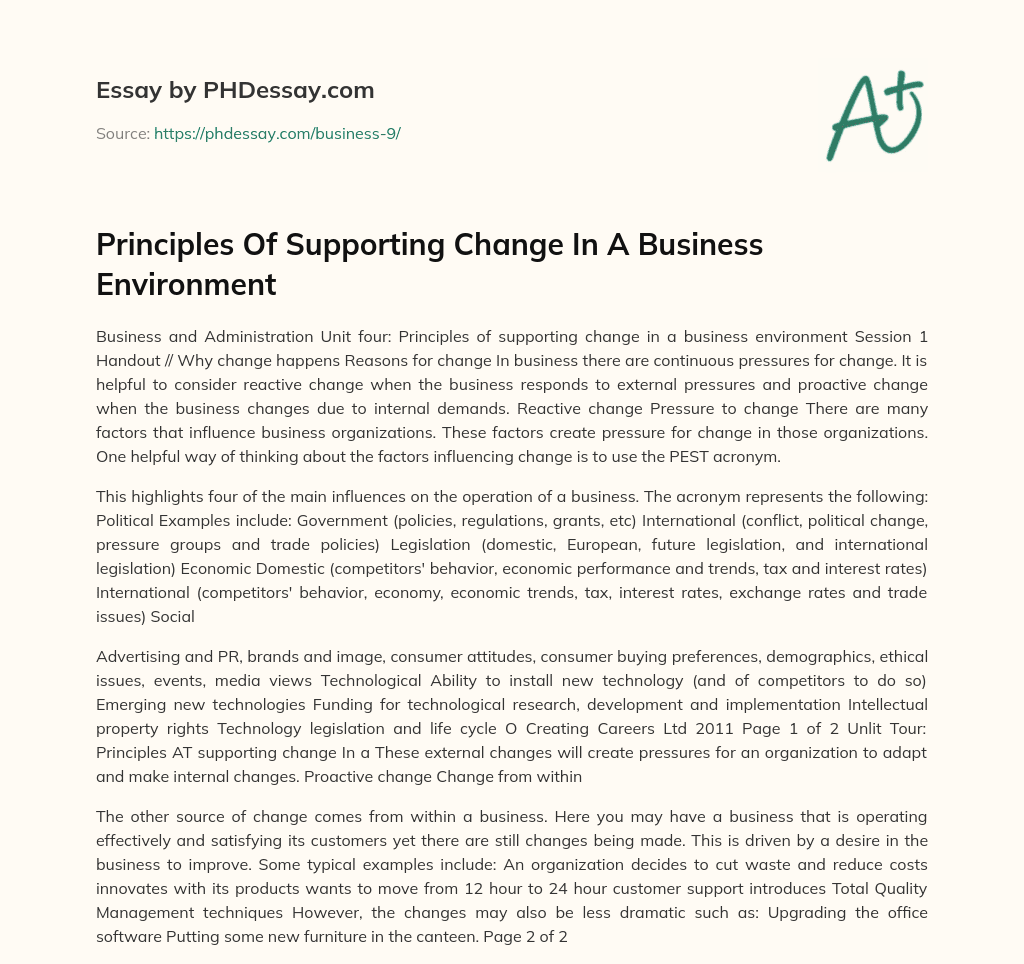 Principles Of Supporting Change In A Business Environment essay