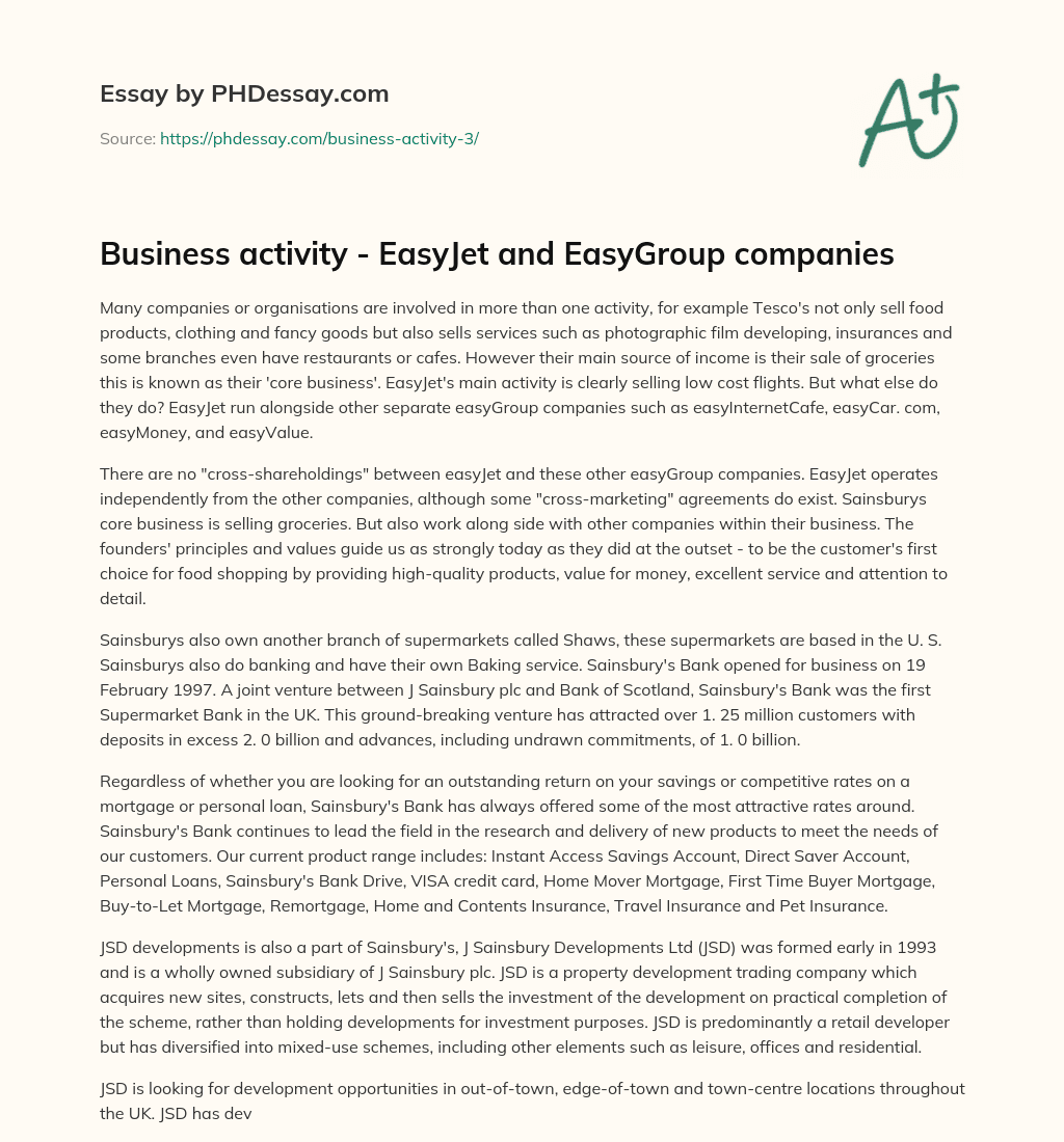 Business activity – EasyJet and EasyGroup companies essay