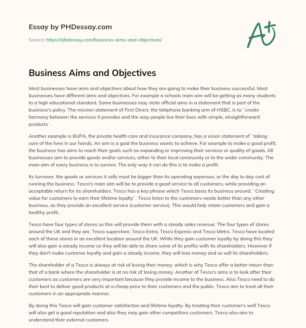Business Aims and Objectives essay