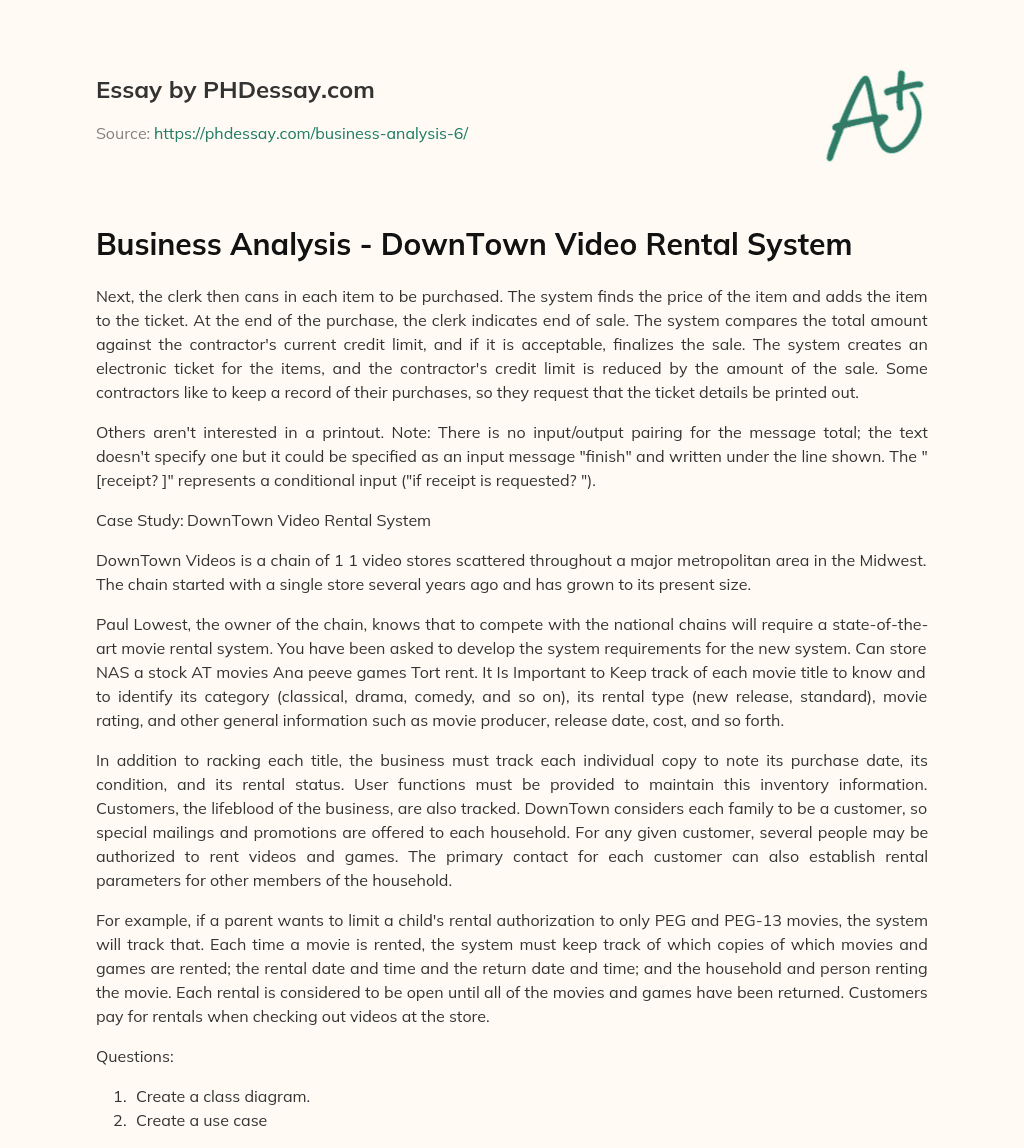 Business Analysis – DownTown Video Rental System essay