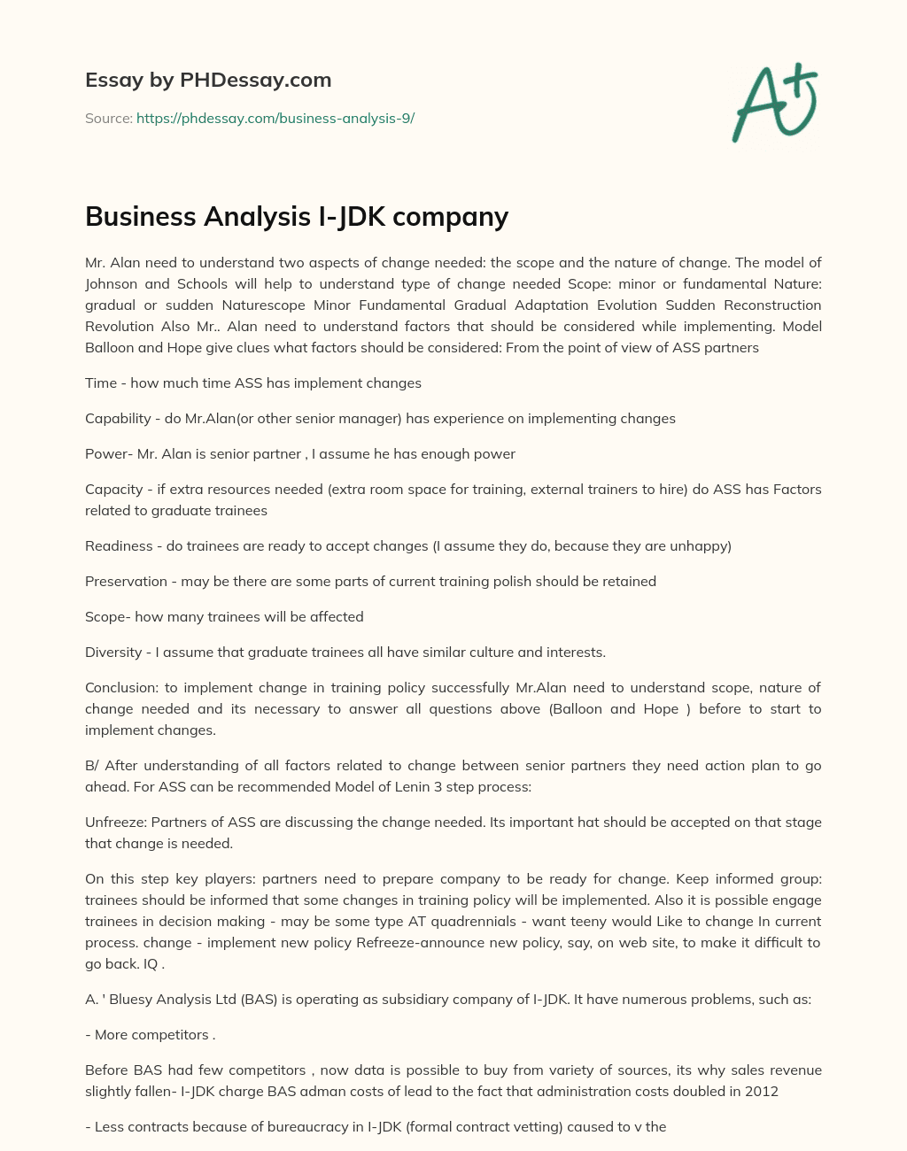 Business Analysis I-JDK company essay