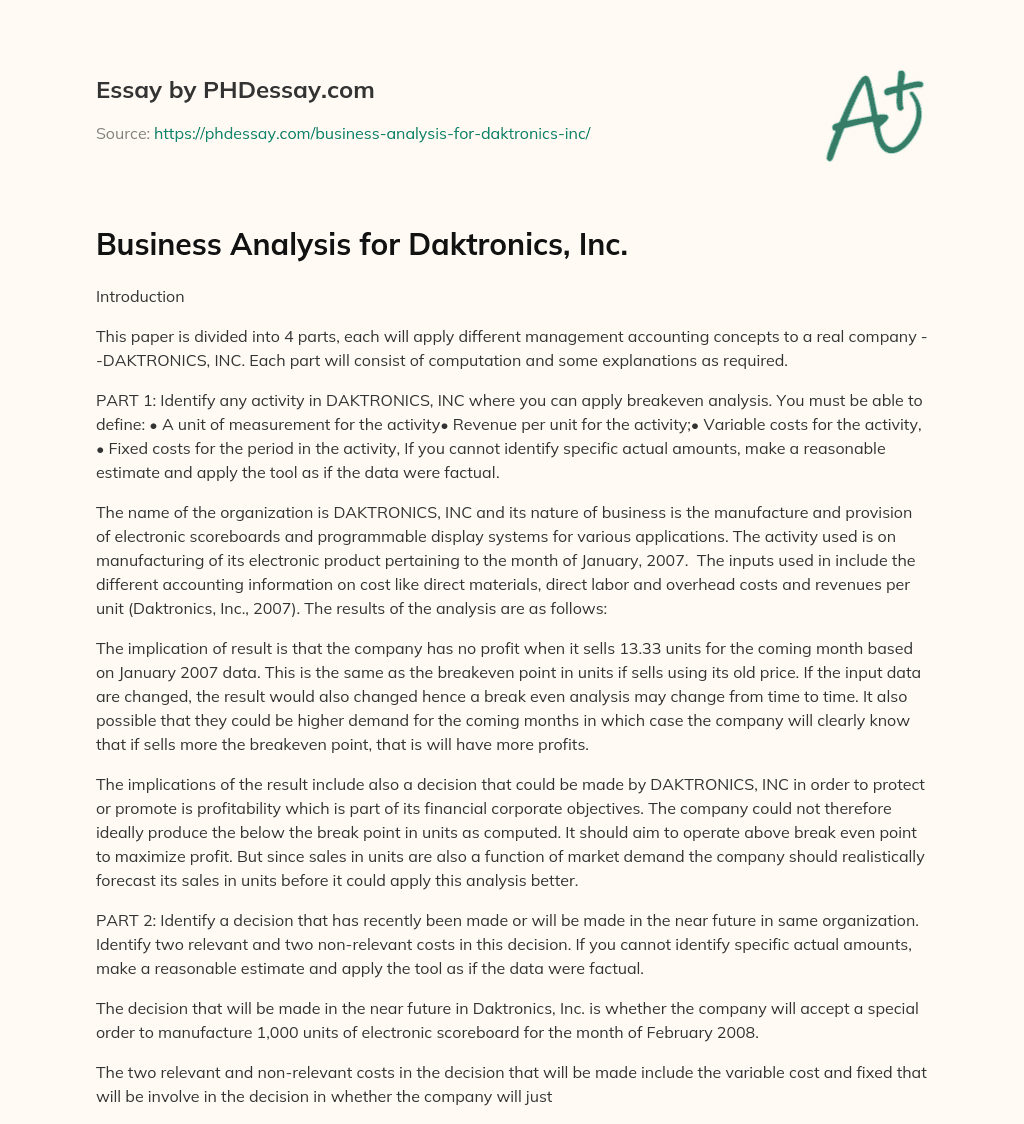 Business Analysis for Daktronics, Inc. essay