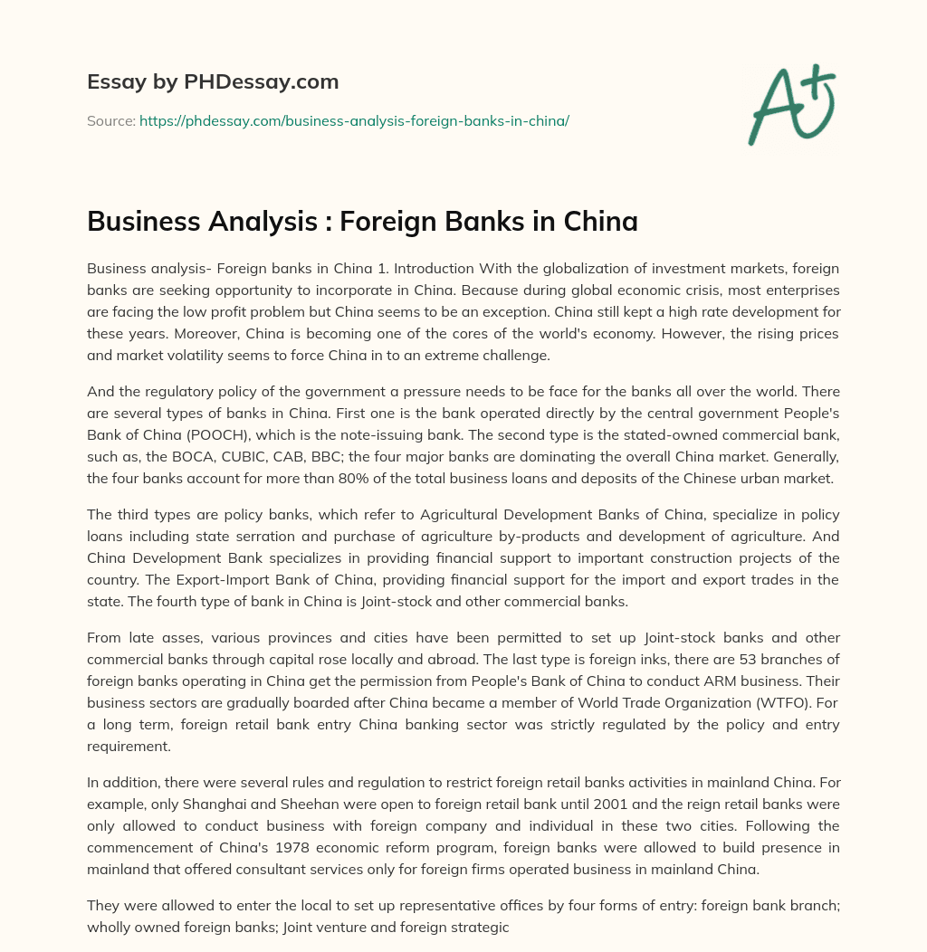 Business Analysis : Foreign Banks in China essay