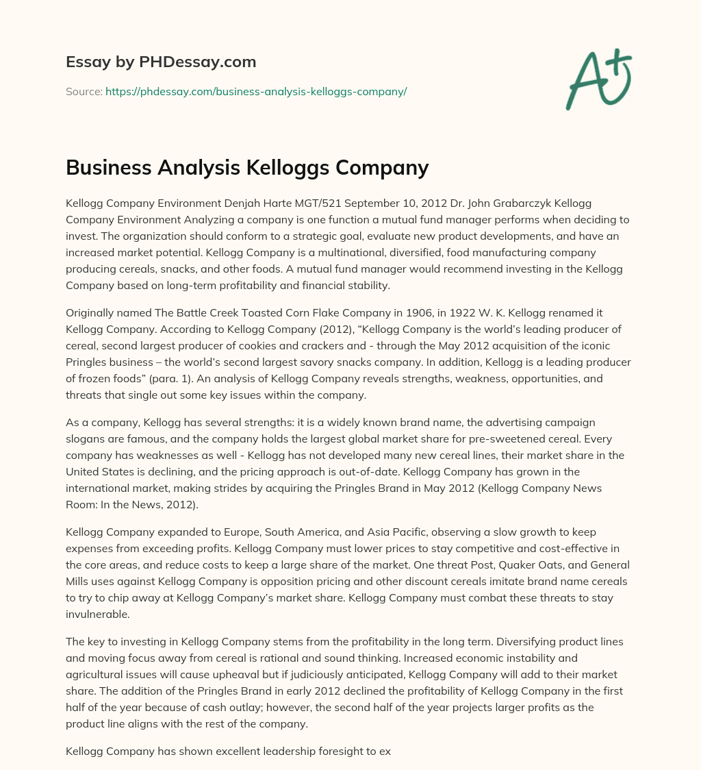 Business Analysis Kelloggs Company essay