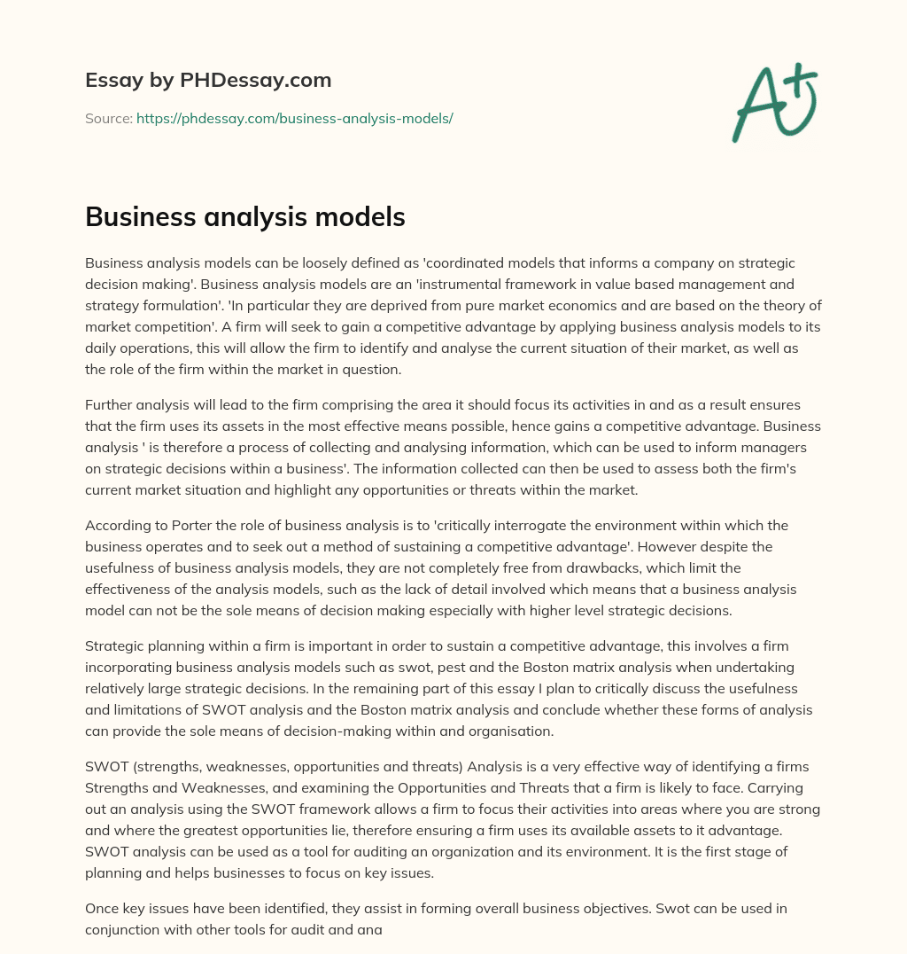 Business analysis models essay